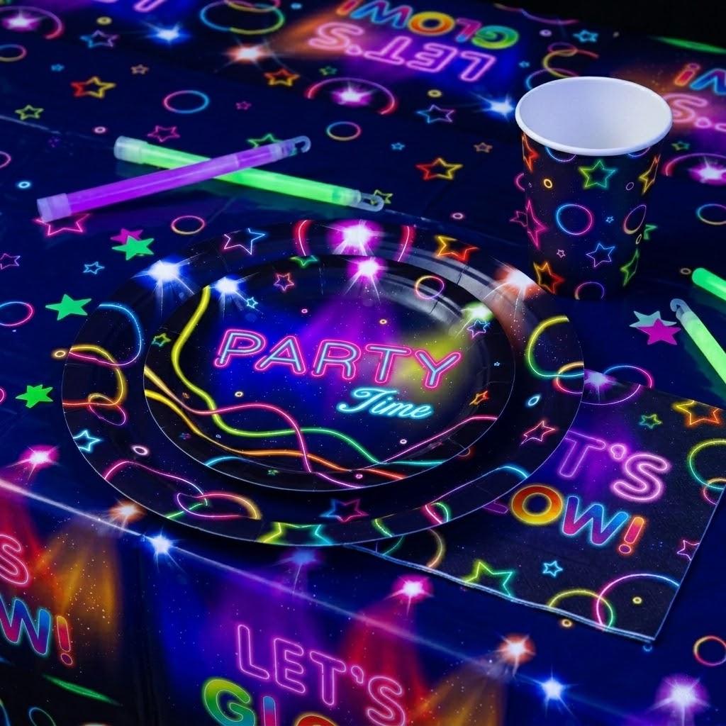 Glow In the Dark Party Supplies Neon Blacklight Tableware Set Happy Birthday Banner Balloons Neon Glow Party Retro Disco Decor