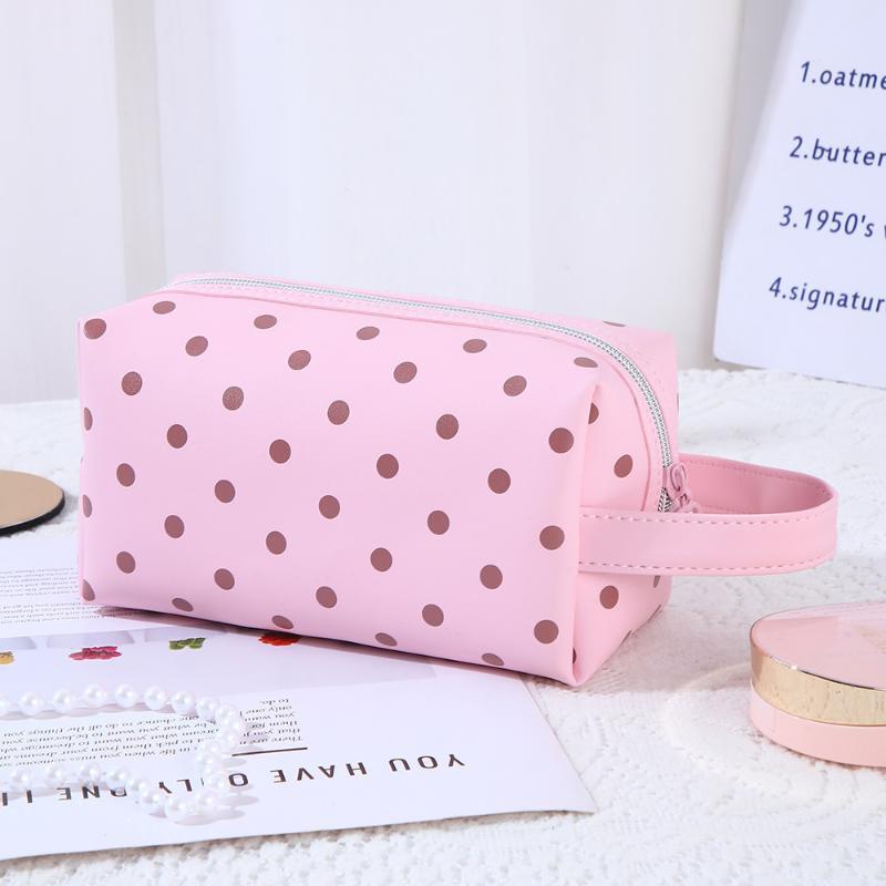 1/3Pcs Pink Polka Dot Pu Makeup Bag Set Large Capacity Sturdy Handle For Travel Daily Cosmetic Storage