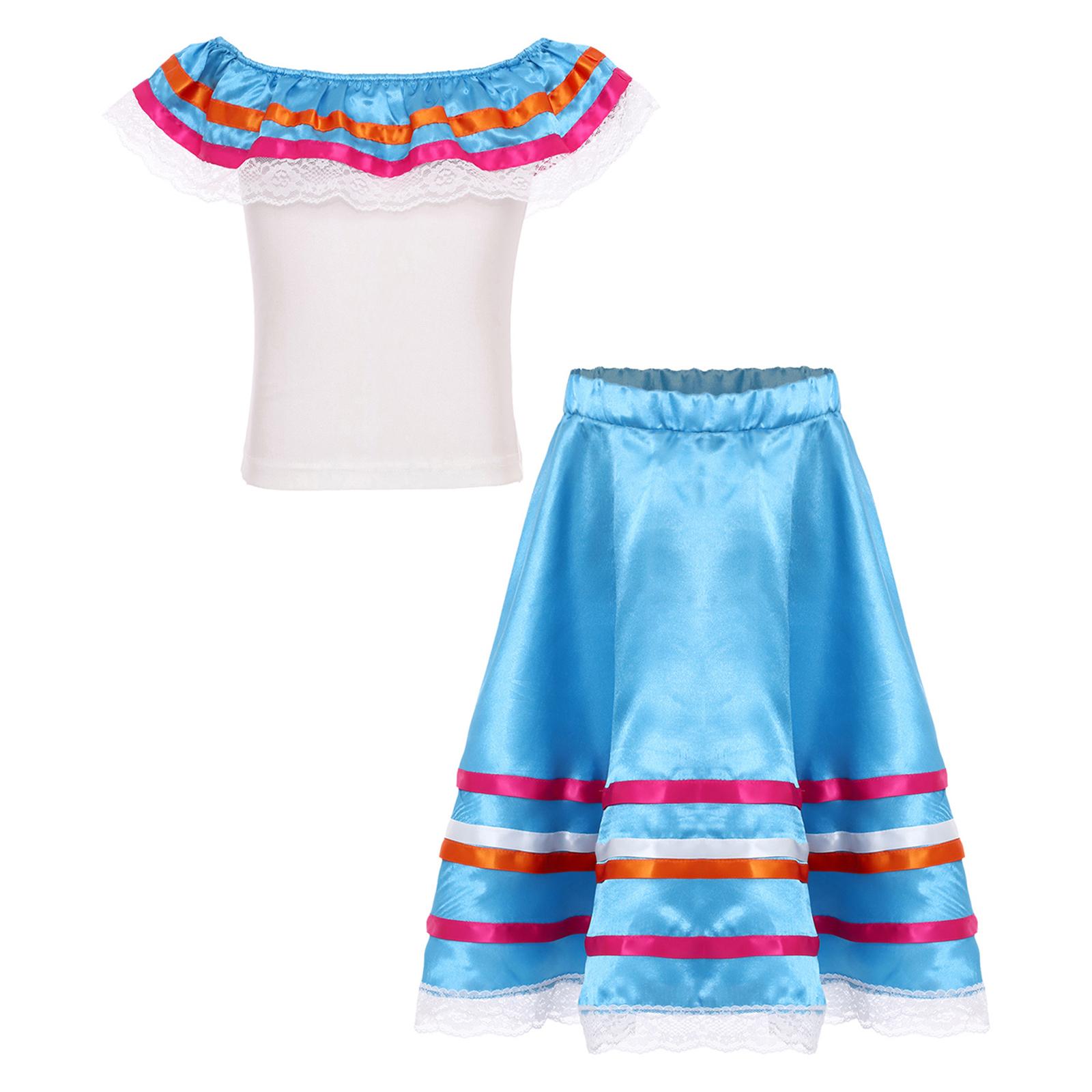 

Girls 2Pcs Mexican Outfit Off Shoulder Ruffled Top with Elastic Waistband Lace Ribbon Trim Skirt for Carnival Theme Party 9-10 Years синій