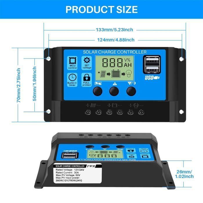 Thlevel 30A 12V24V Contrôleur de Charge Régulateur PWM avec 5V Double Port USB LCD Affichage