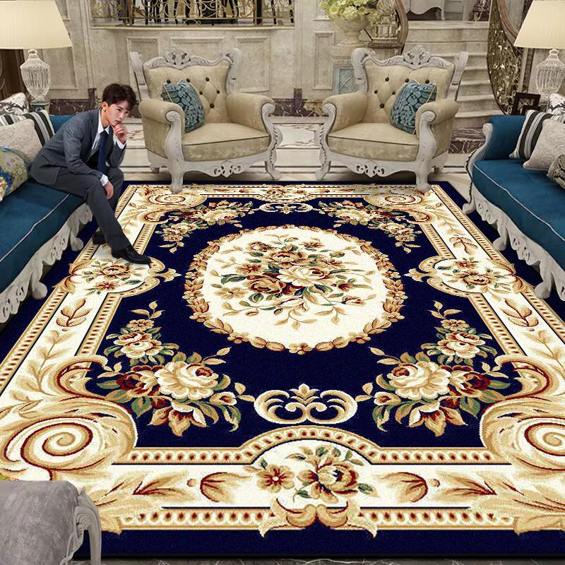 Luxury Large Living Room Rug Non-slip Flower Design Blue Sofa Table Mat Border Design Soft Lounge Rug Machine Washable Flannel