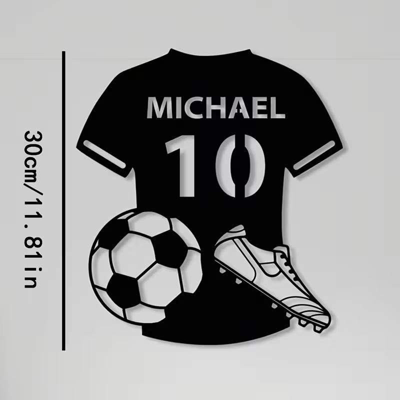 Personalized Football Player Metal Sign - Custom Name & Number Soccer Jersey Design with Soccer Ball & Cleats Art - Durable Meta