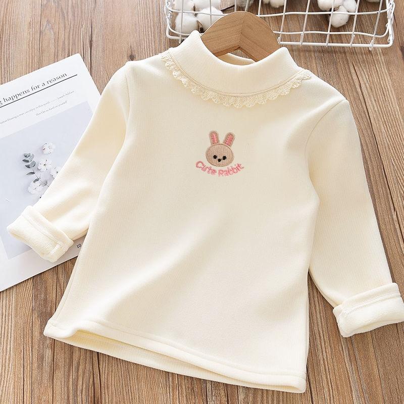 Children s T-Shirts Rabbit Embroidery Velvet warm top Kids Half High Collar Long Sleeve Base Shirt Girls Tshirts Clothes 80