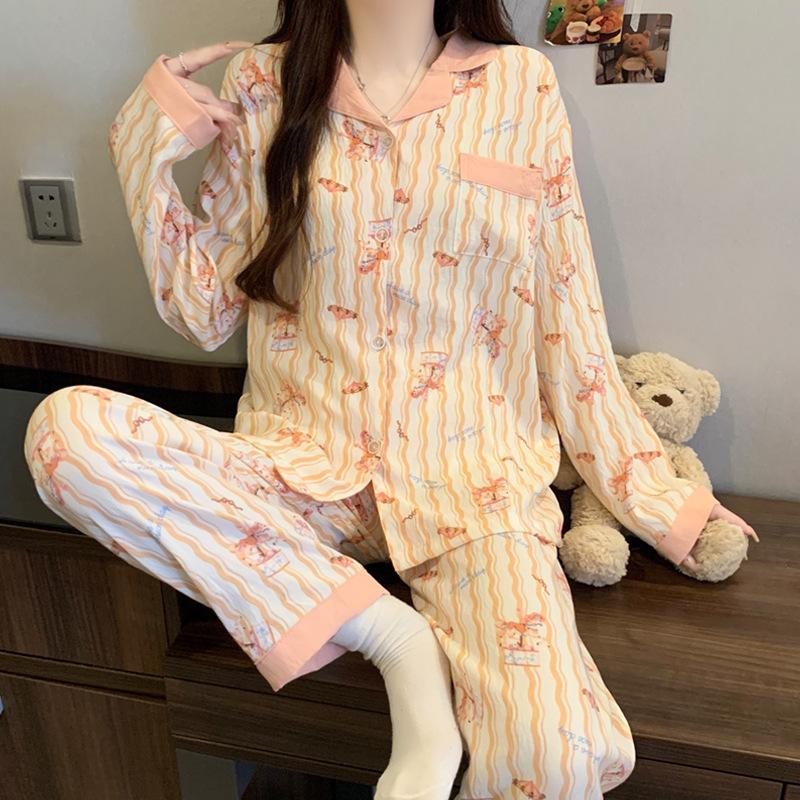 Idyllic Clouds Cotton Edge Princess Collar Pajamas Women'S Long Sleeves Trousers Homewear