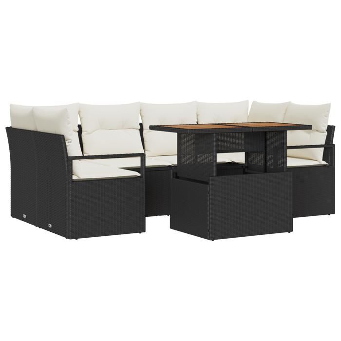 Ensemble de Canapé de Jardin de 7 Pièces avec Coussins en Poly Rattan Noir, Canapé de Jardin 2 Places avec Rangement 3358399