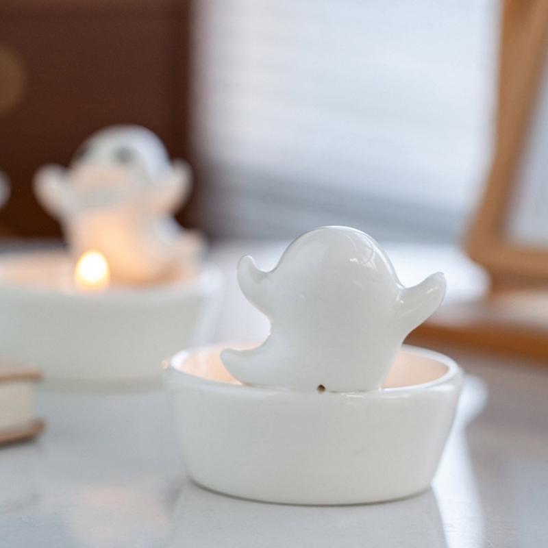 Ceramics Cartoon White Ghostly Figurine Candle Holders Halloween Tealight Holders Candlestick Table Decors for Festivals