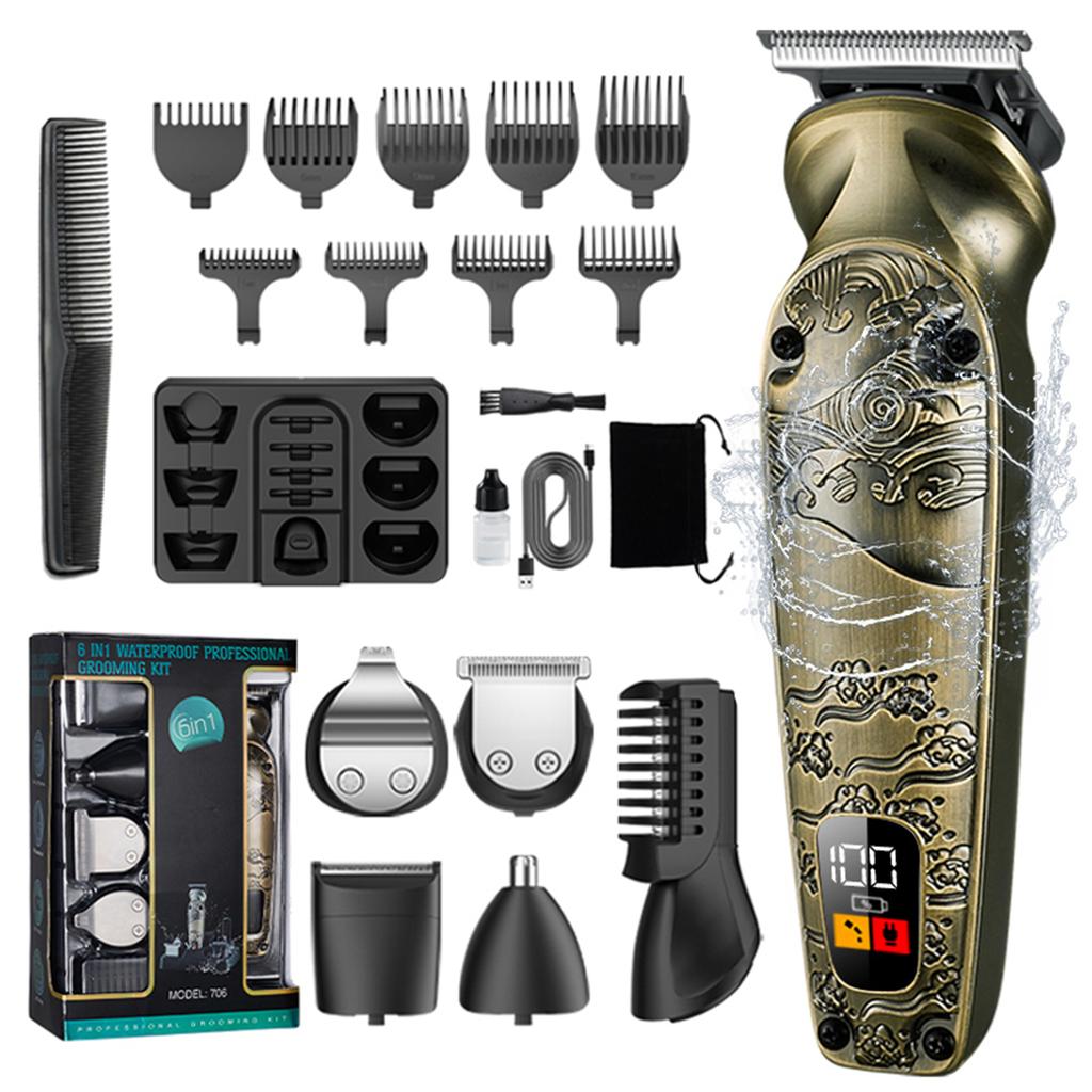 Full Metal Body Hairdresser 6 In 1 Multi Function Electric Push Clipper Nose Hair Clipper Set With 6 Blade Heads
