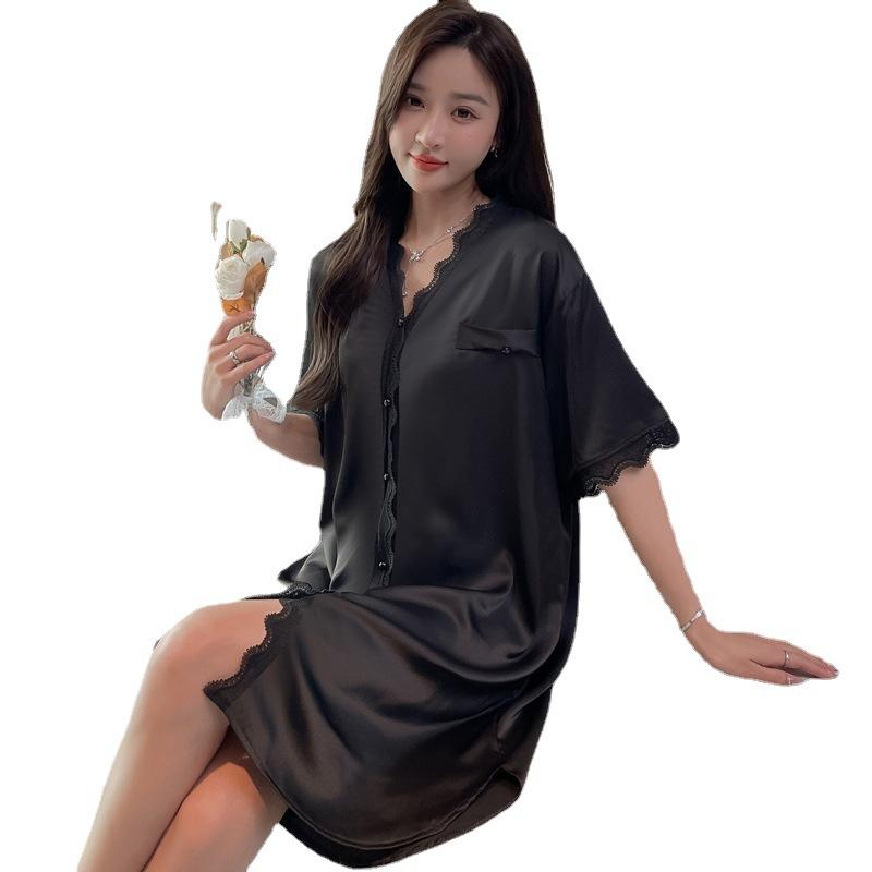 Summer Black Nightdress Blouse Skirt Sexy Lace Lace Medium And Long Pajamas V-Neck Cardigan Loungewear