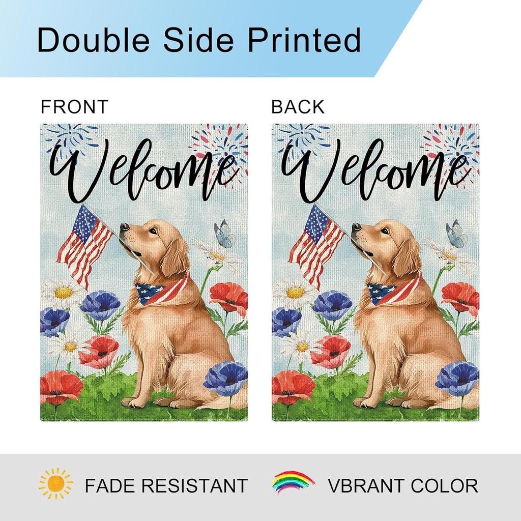 DLZDN Welcome 4th of July Golden Retriever Garden Flag 12×18 Inch Double Side Vertical Burlap Farmhouse Yard Flag Independen