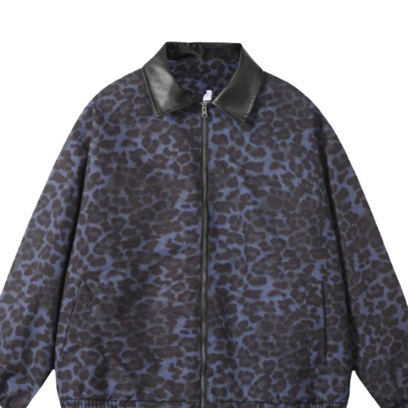 Unisex Retro Leopard Print Spliced Leather Jacket - Trendy, Loose-Fit Streetwear