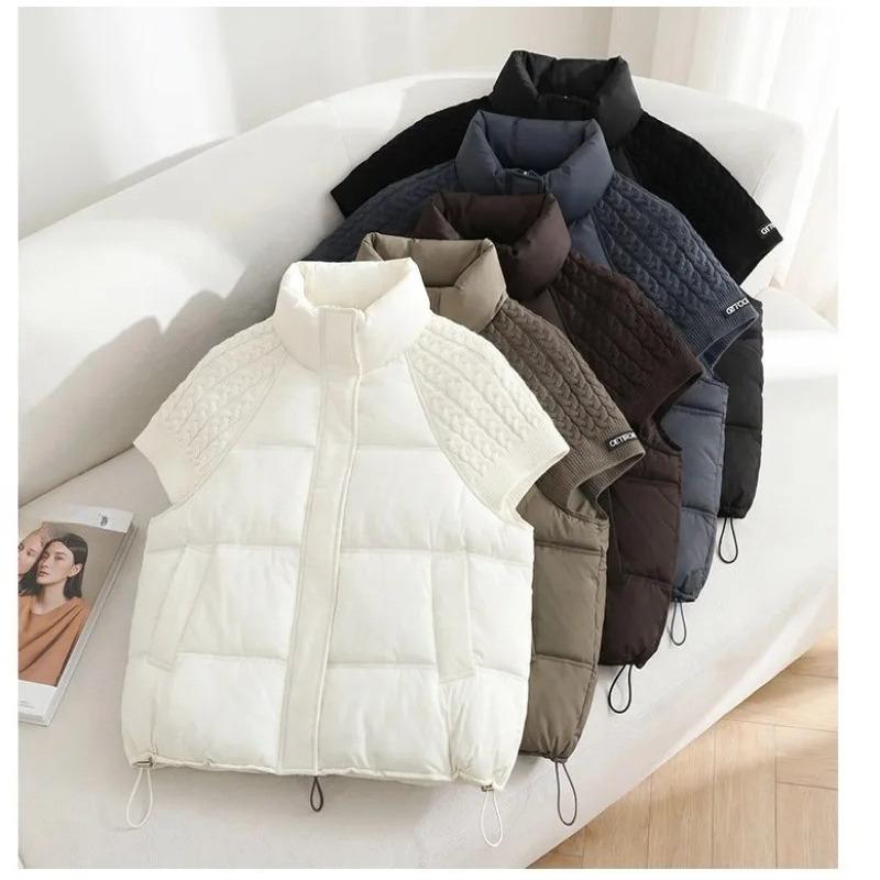 Fashion Knitted Stitching Stand-up Collar Vest Women Autumn Winter Short Warm Loose Sleeveless Ladies Waistcoat Coat