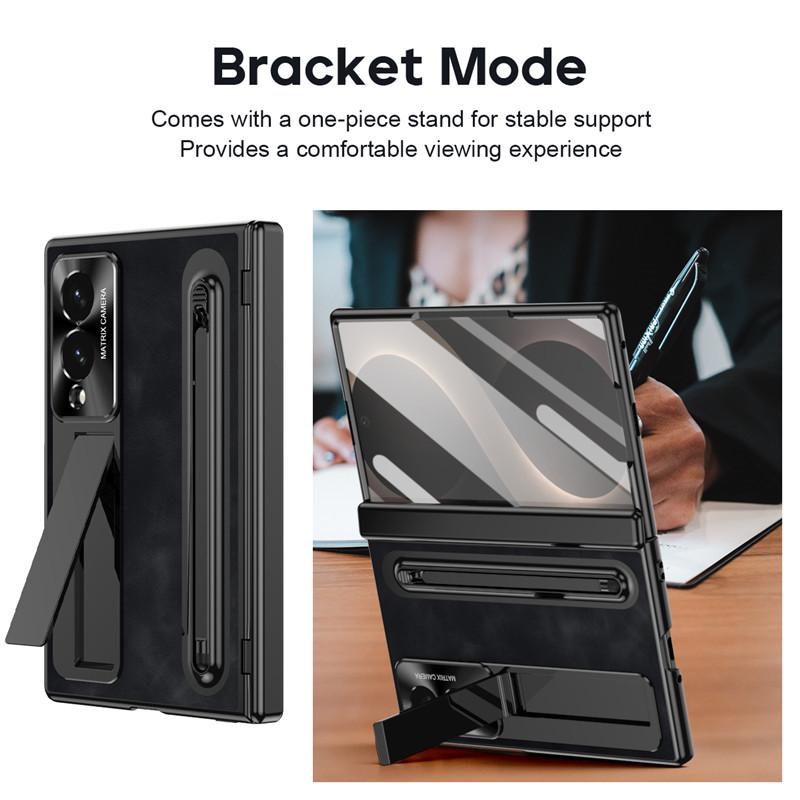 For Samsung Galaxy Z Fold 8 Bracket Holder With S Pen Slot Screen Glass Case For ZFold 8 Fold8 Hinge Protection Leather Cover