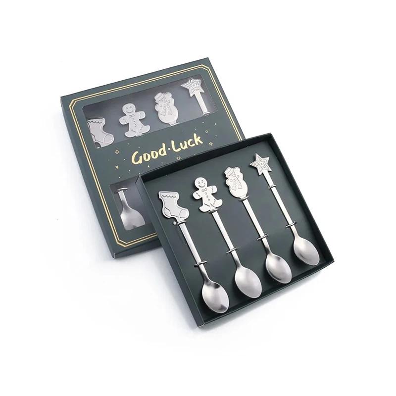 4PCS Stainless Steel Christmas Gift Spoon Fork Set Scoop Fruit Fork Coffee Spoon Cutlery Set Christmas Tree Decoration Dessert