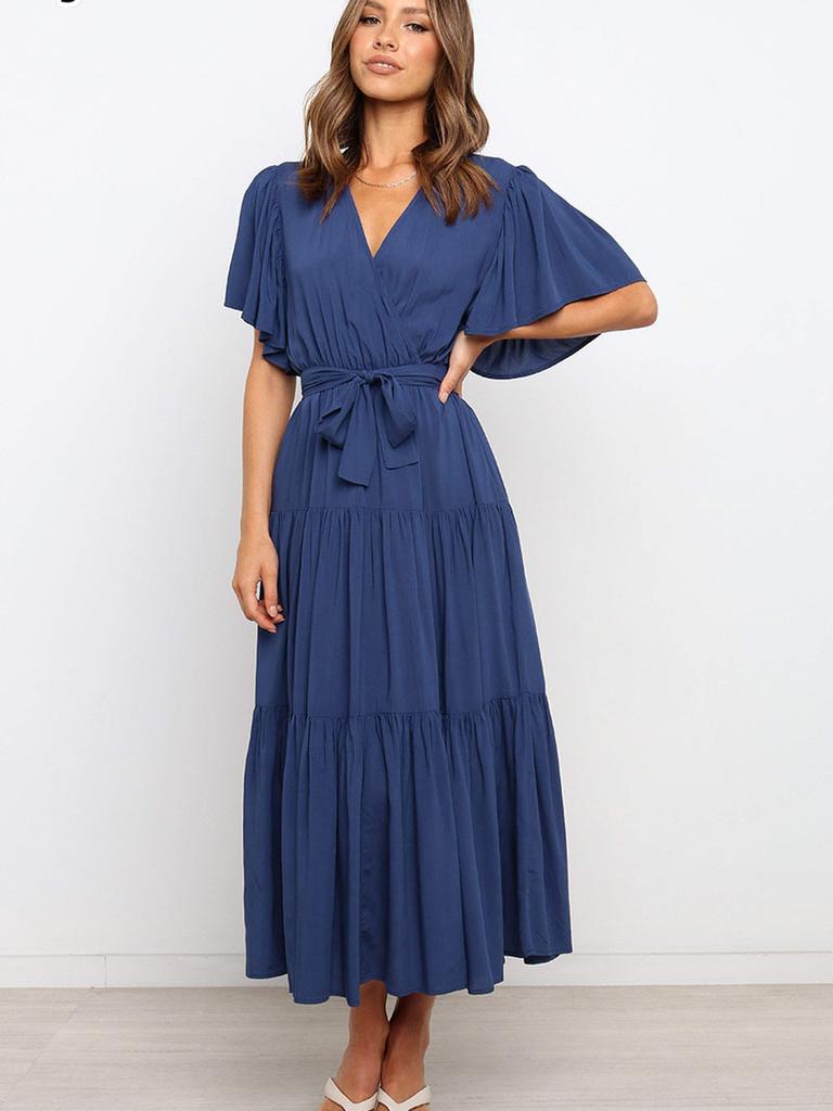 New Style V-Neck Solid Color Short Sleeve Ruched High-Waisted Dress Bohemian Maxi Dress