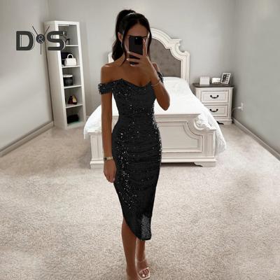 Abendkleid für Damen, schulterfrei, ärmellos, schulterfrei, schmale Passform, Pailletten, unregelmäßiger Saum, wadenlang, tief ausgeschnitten, Abschlussball, Hochzeit, Party, formelle Anlässe, Midi