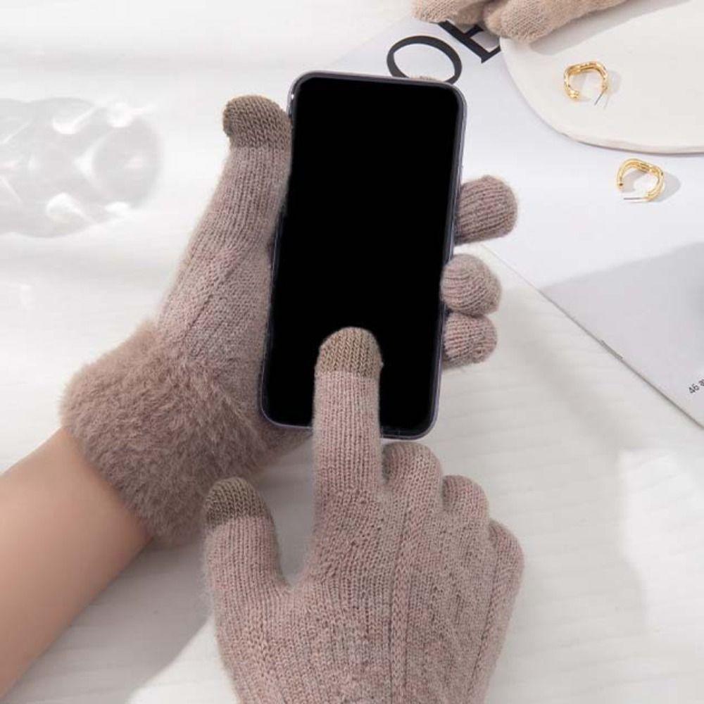 Korean Style Full Finger Mittens Five Finger Cycling Driving Gloves Plush Knitting Gloves  Female