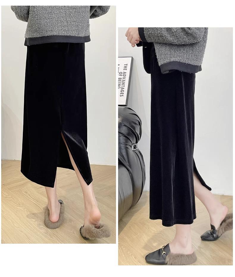 Black Gold Velvet High Waist Slimming Skirt for Women - 2026 Spring/Autumn, Plus Size, Mid-Length