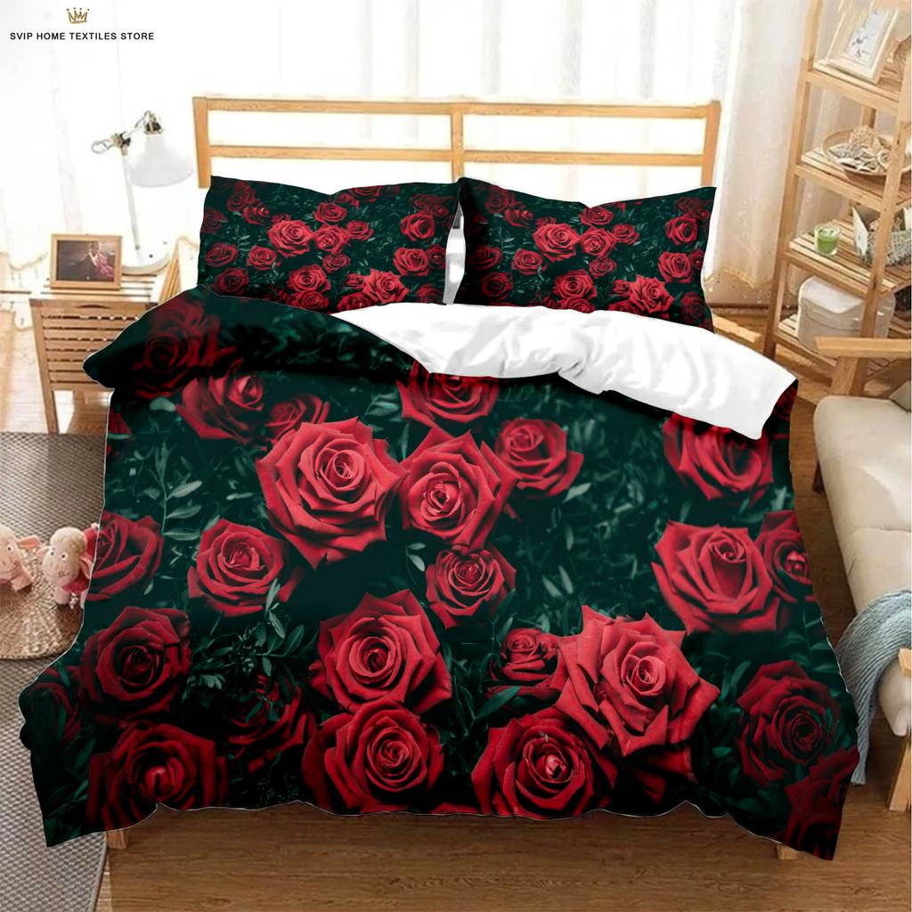 Valentine's Day Retro Red Rose 3D Printed Quilt Cover 100% Polyester Duvet Cover Bedding Set Quilt Cover Pillowcase 3 Pieces