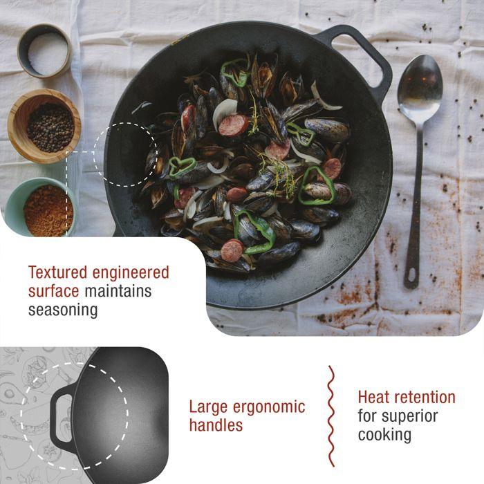 Wok en Fonte Émaillée Induction 35,5cm, Convient pour le Feu, Barbecue, Four Victoria 30926 Noir