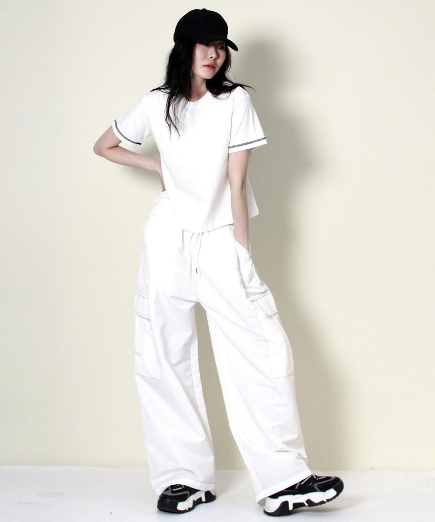 Deumakeu Real Street Wide Contrast Stitch Cargo Track Pants White