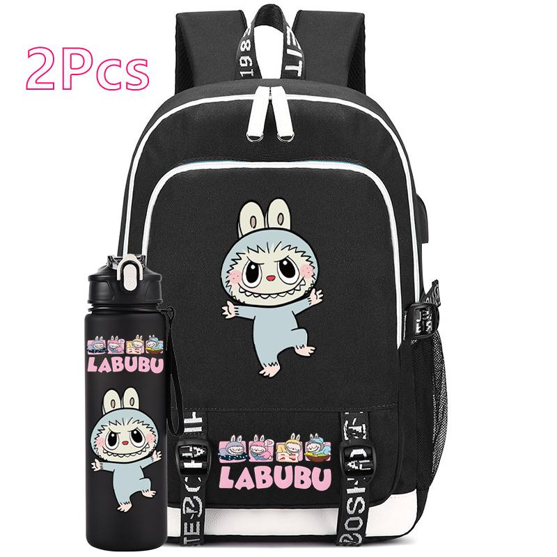 2Pcs/set Anime Cute Printed Backpack with Water Bottle Student Boy Girl Schoolbag Large Capacity Waterproof Bookbag Kid Gift