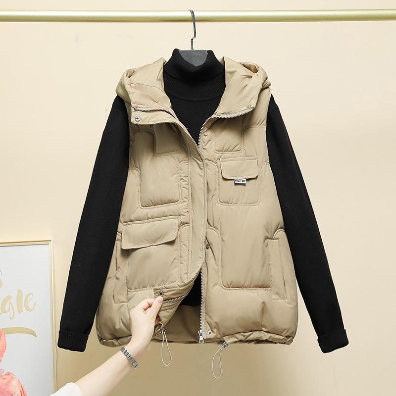 New Vest Women's Casual Small Model Hooded Stand-up Collar Large Size Cotton Vest Women's Thickened Warm Back