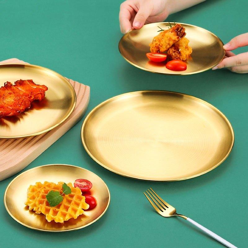 1pc Korean Style Stainless Steel BBQ Meat Plate - Gold Plated Cake and Dessert Serving Plate for Fruits and Snacks