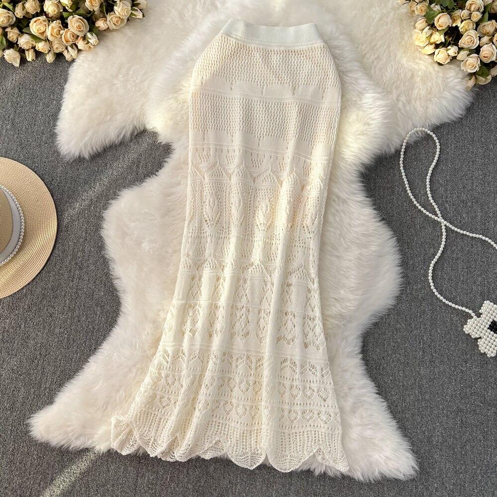 

Корейская версия, темпераментная ретро-юбка с высокой талией для похудения, кружевная юбка длиной выше колена с фланцами, рыбий хвост One Size