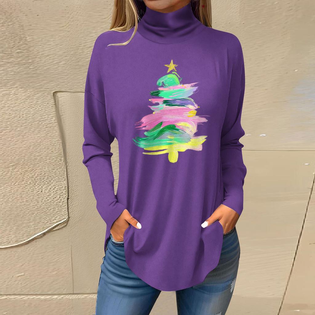 Women's Fashionable Loose-Fit High-Neck T-Shirt With Christmas Print Long-Sleeved Top