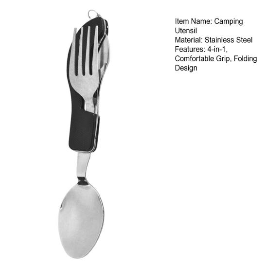 Camping Utensil with Key Ring 4-in-1 Stainless Steel Spoon Knife Fork Bottle Opener