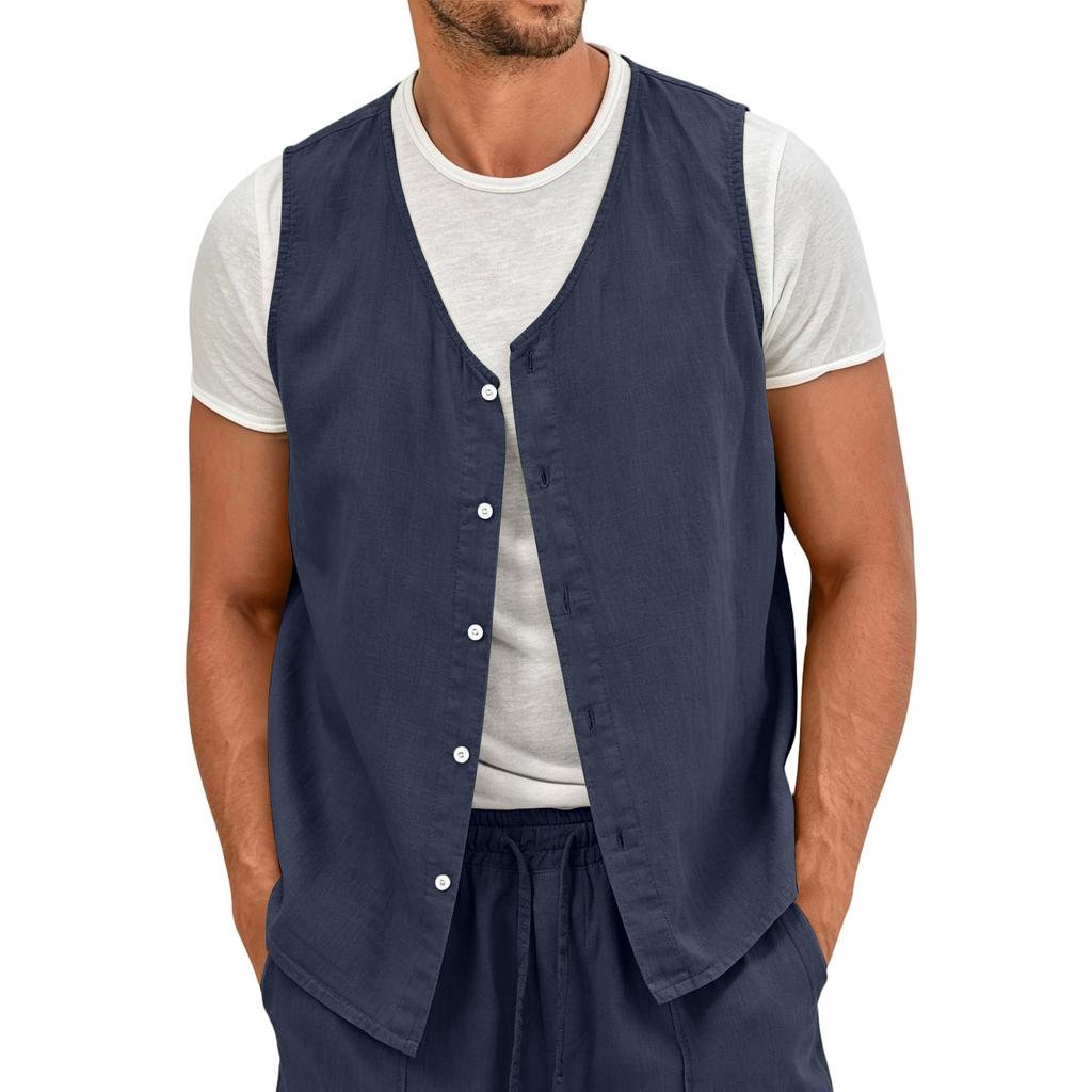 Men's Lightweight Button Front Linen Vest Sleeveless Casual Summer Shirt Non-Iron Breathable Fabric Relaxed Fit