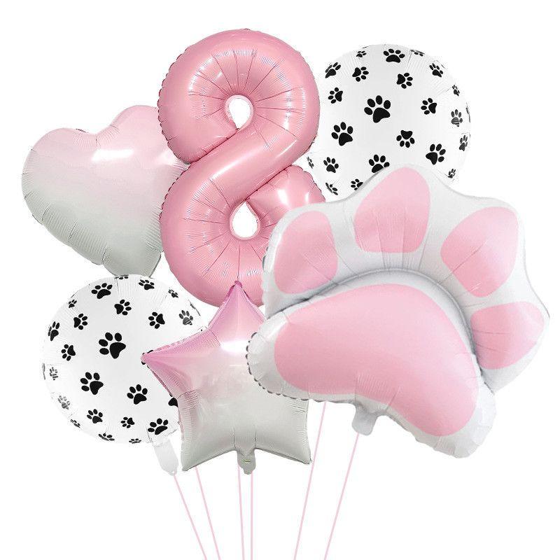 Pink and Cute Cat Paw Birthday Balloon Set, Pet Birthday Balloon, Cute Pink Digital Balloon Set