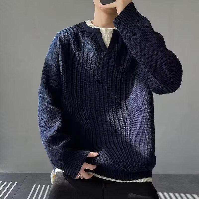 Men's Trendy Hong Kong Style Patchwork Sweater - Winter Round Neck Old Money Knitwear Casual Base Layer