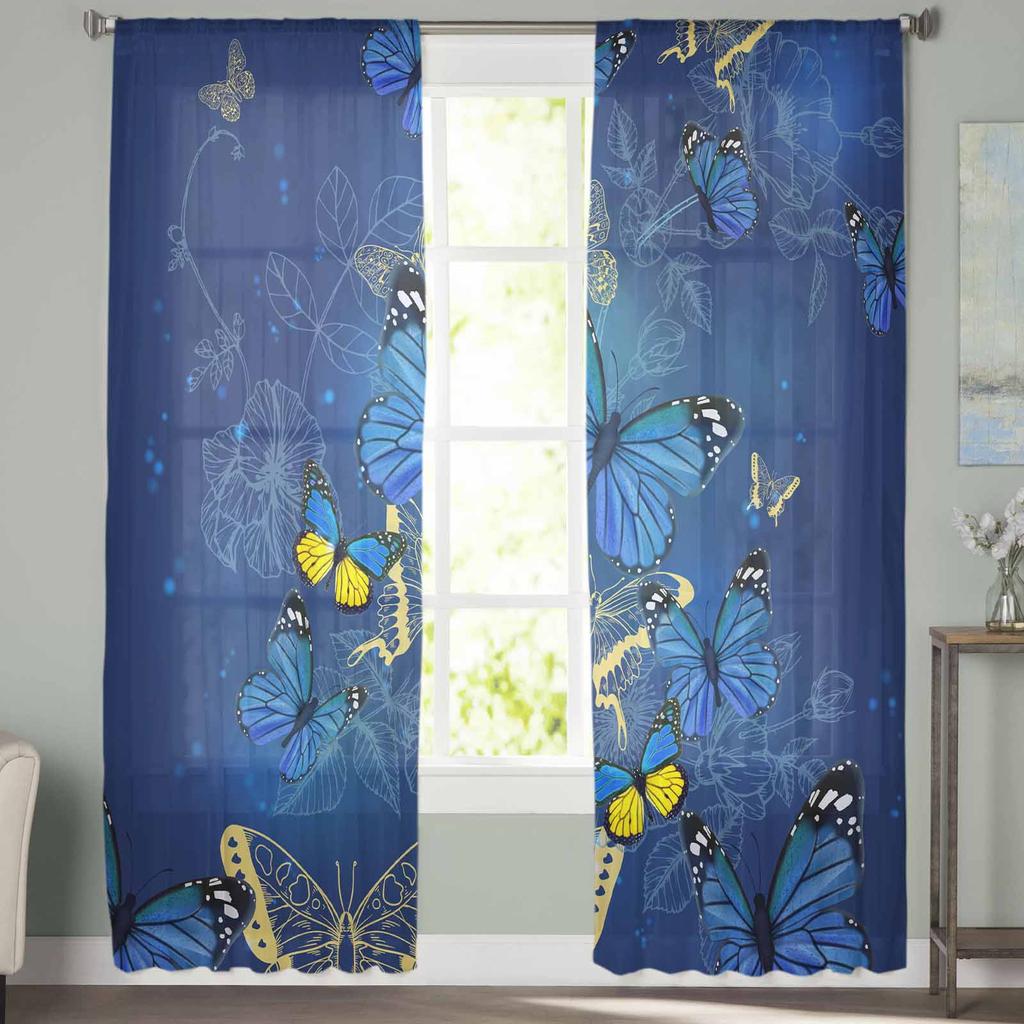 Butterfly Flower Blue Window Tulle Curtains for Living Room Bedroom Hotel Luxury Decoration Sheer Curtains