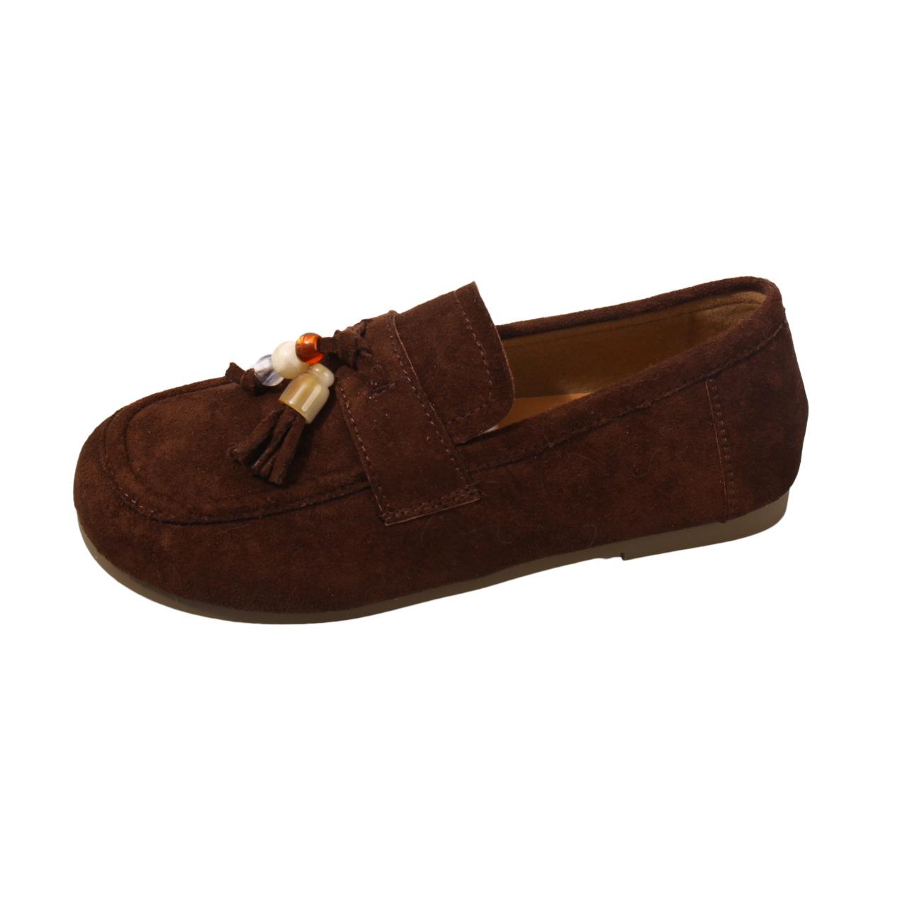 

Spring and summer new fashion one-pedal deep-mouth women s suede round head thick-soled low-heeled small leather shoes 35 темно-коричневого