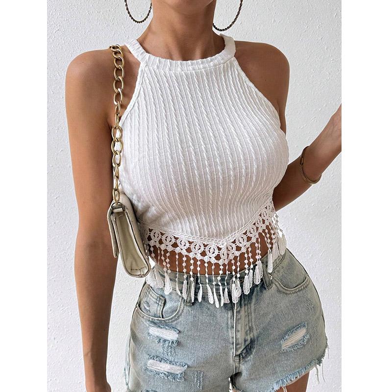 Women's Spring and Summer New Elegant Tassel Vest Short Slim Fit Slim Navel Top