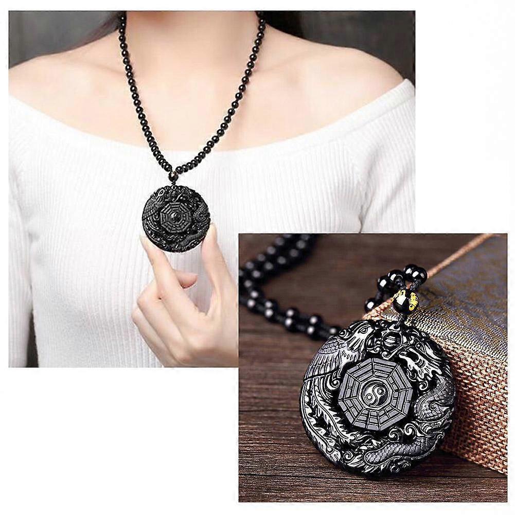 Dragon Phoenix Bagua Pendant Necklace Obsidian Jewelry