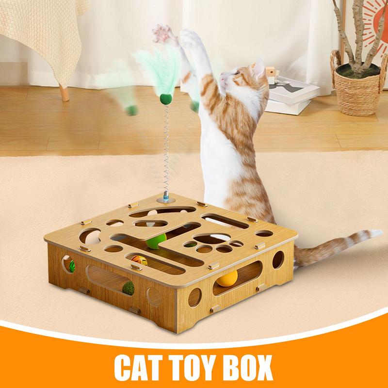 Cat Puzzle Toy Cat Toys Puzzle Wood Box with Feather and Balls Indoor Sports Entertainment Hunting Interactive Spring Cat Teaser