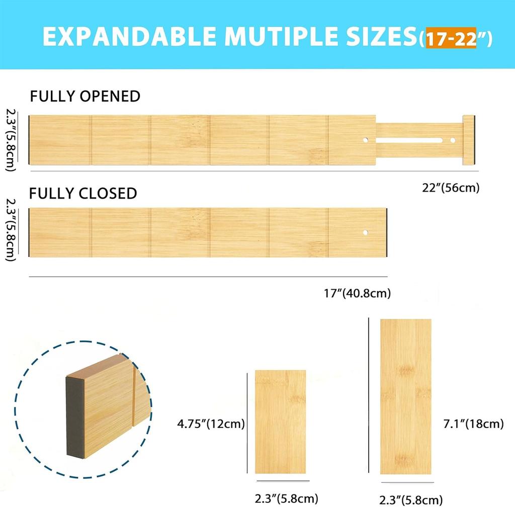6 Pack Bamboo Drawer Dividers with 12 Inserts, Adjustable Organizer for Dresser, Kitchen, Bedroom (Natural)