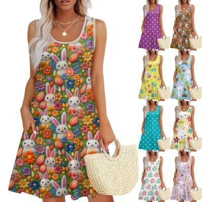 Women's Fashion Casual Sleeveless Round Neck Easter Print Dresses