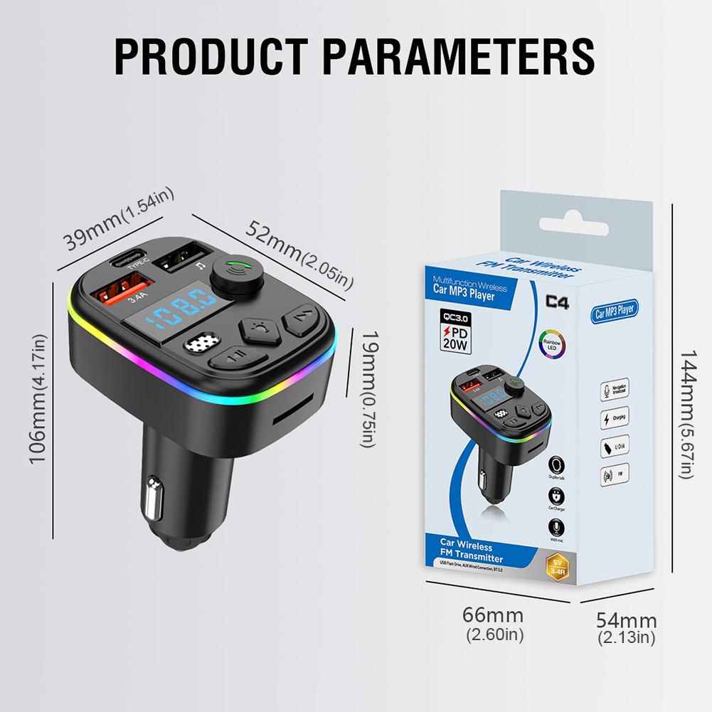 Car MP3 Player Hands Free Wireless Car Kit Bluetooth-Compatible 5.3 Support TF Card U Disk Cell Phone Charger Car FM Transmitter