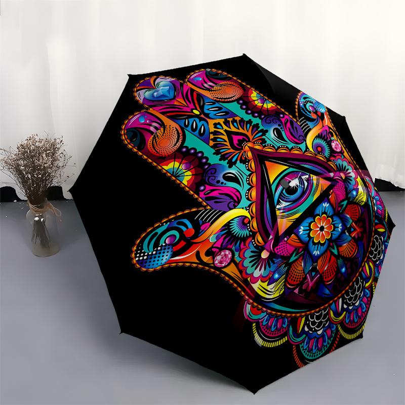 Colorful Hamsa Hand   Spiritual Protection & Good Luck Symbol Poster Print for Home,Umbrella, Portable 3 Fold Compact Umbrella for Men & Women