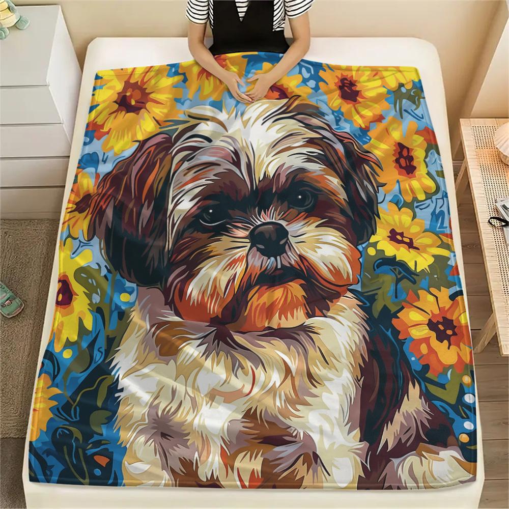 Sunflower Cat and Dog Print Flannel Blanket, High Quality Comfortable for All Seasons, Home Decor, Warmth and Comfort