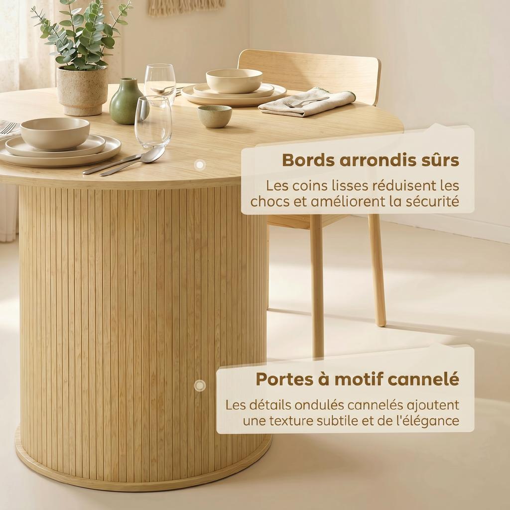 Round Dining Table for 4-6, 120 x 75 cm, Fluted Base, Natural Wood