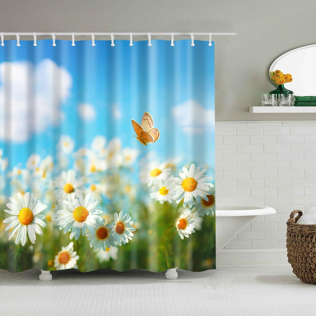 Garden Flower Shower Curtain Botanical Floral Printed Bathroom Curtain Polyester Fabric Home Decor Bathtub Screen with Hooks
