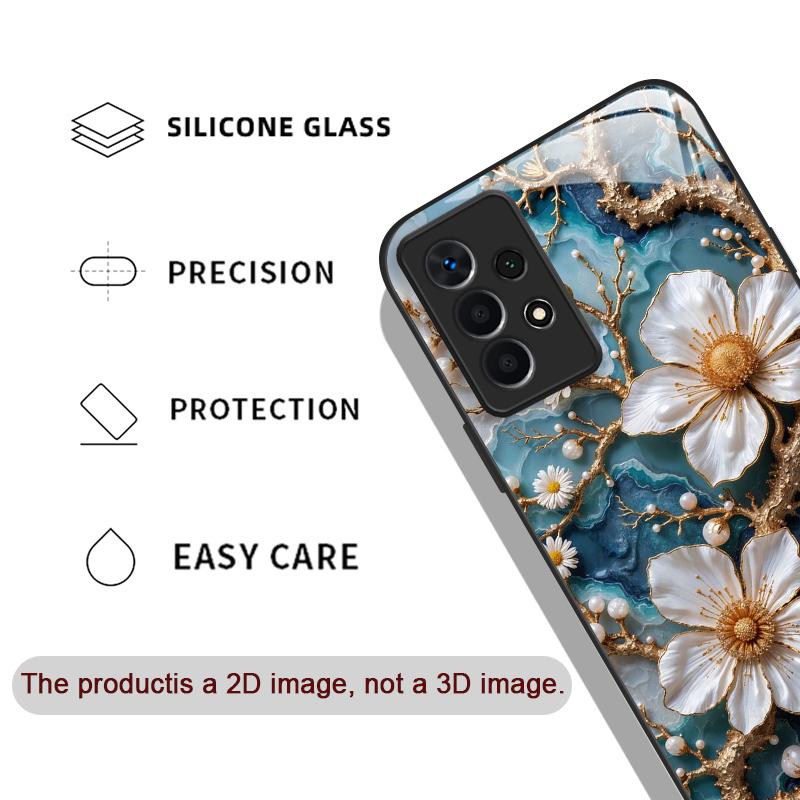 White Camellia Flower Marble Texture Tempered Glass Phone Case for Samsung Galaxy S26 S25 Ultra S24 S23 Plus S22+ S21 FE Covers
