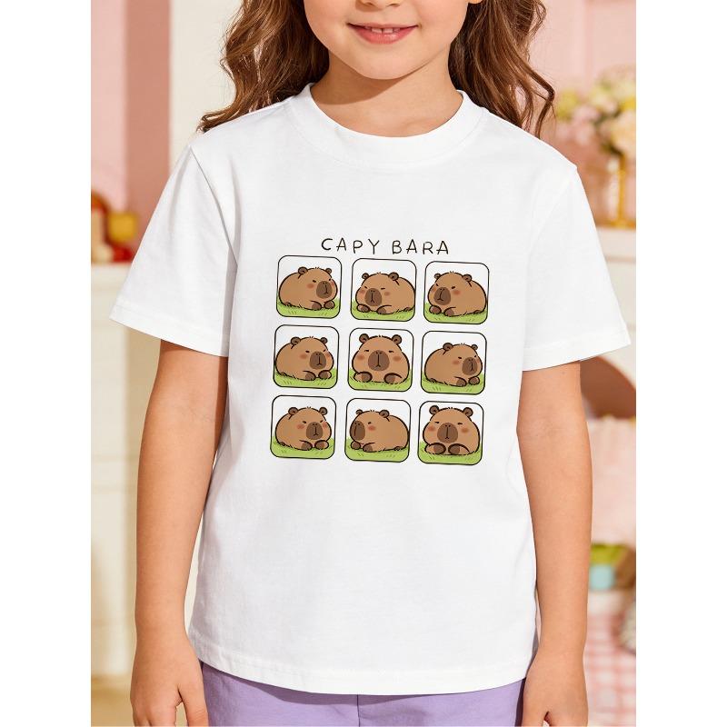 European sizes Girls Summer Casual Capybara T-Shirt, Kids Short Sleeve Crew Neck Top, Skin-Friendly, Lightweight, and Breathable 110