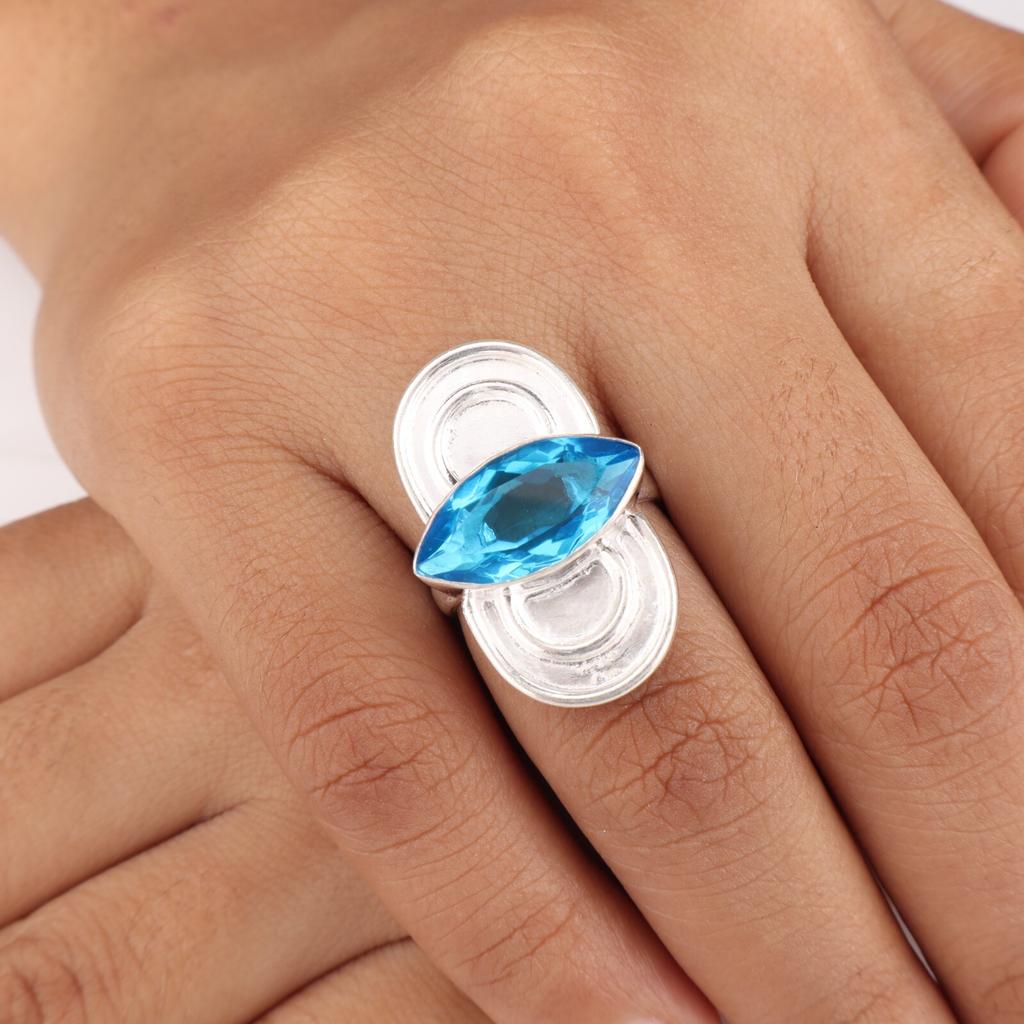 Swiss Blue Topaz Gemstone 925 Sterling Silver Jewelry Handmade Engagement Ring RR-34-12