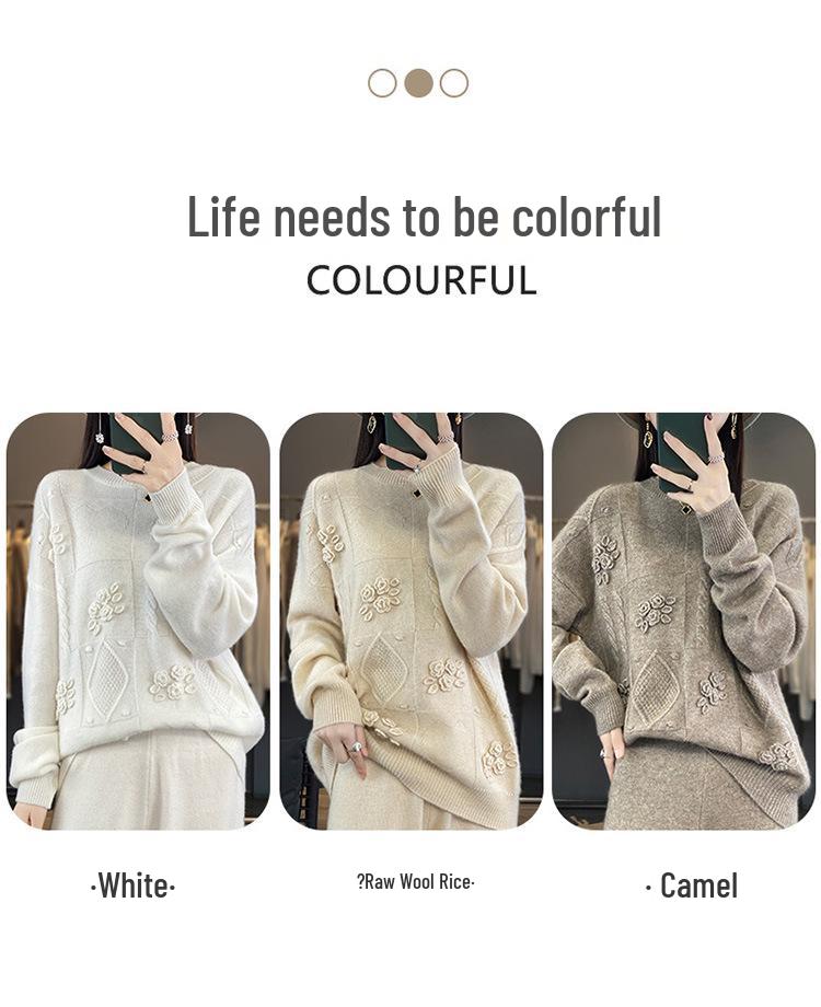 Women's Autumn Winter Wool Crochet Sweater - Casual Embroidered Round Neck Loose Knitwear