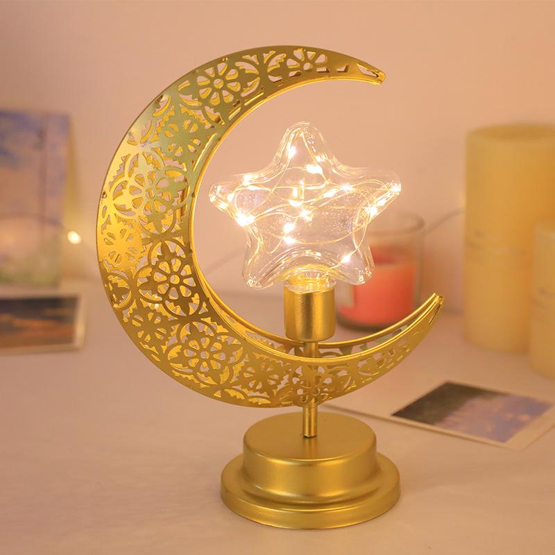 Drehbare LED-Schmiedeeisen-Mond- und Sternenlampe – Dekoratives Schreibtischornament im nahöstlichen Stil.